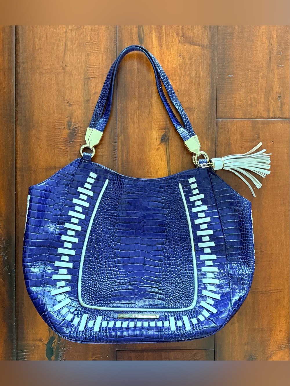 Brahmin Royal Blue Croc-Embossed Shoulder Tote with Ivory Accents
